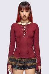 Khaela Burgundy Lace-Up Top