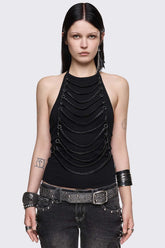 Unravel Black Layered Chain Halter Top