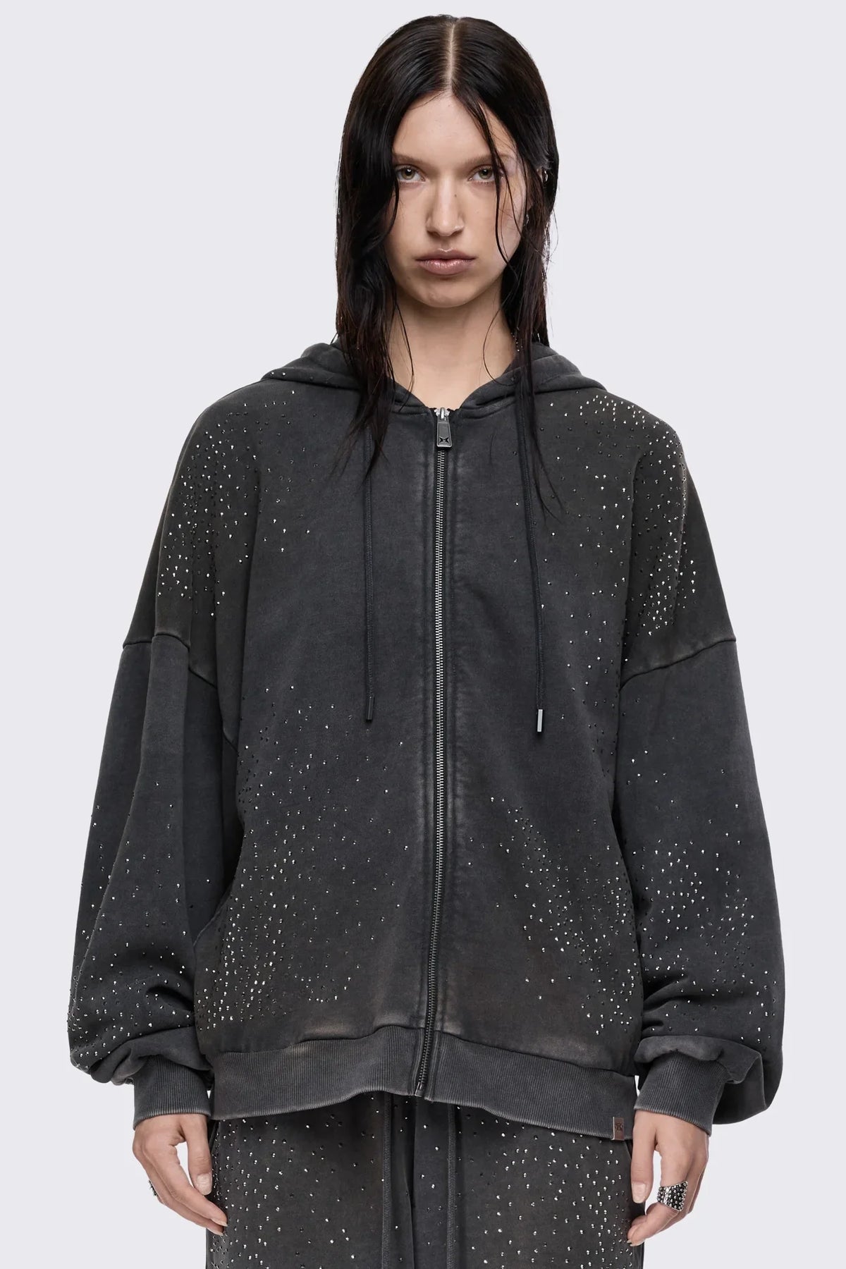 Gleam Mud Wash Rhinestone Zip Up Hoodie