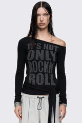 Lustre Black Graphic Off Shoulder Top