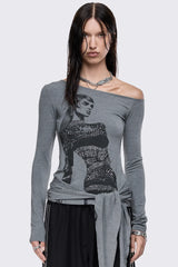 Lustre Grey Graphic Off Shoulder Top