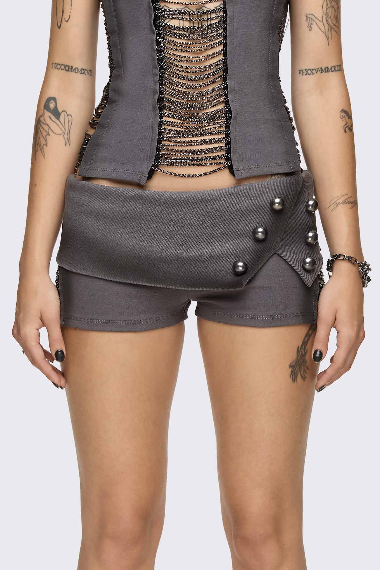 Wired Dark Grey Chain Mini Shorts