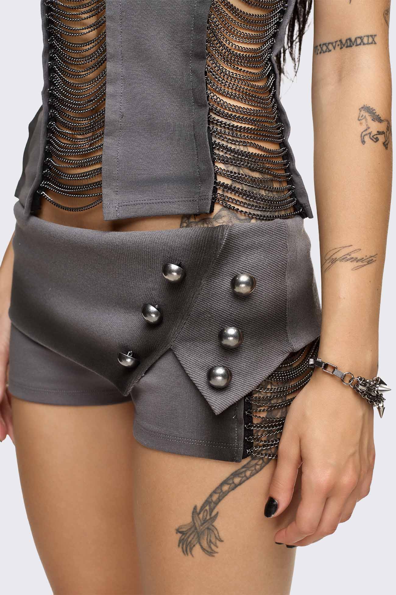 Wired Dark Grey Chain Mini Shorts