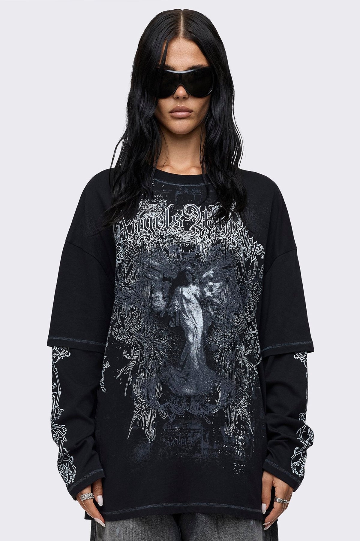 Angels Whisper Black Graphic Layered T-Shirt