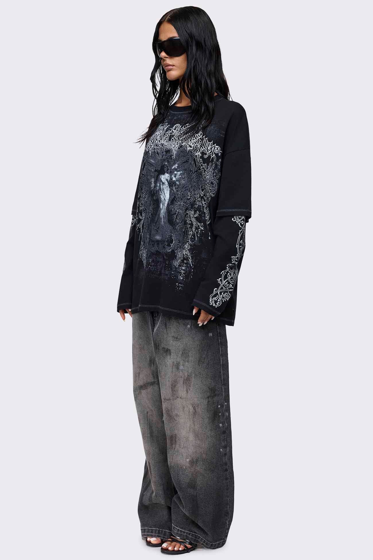 Angels Whisper Black Graphic Layered T-Shirt