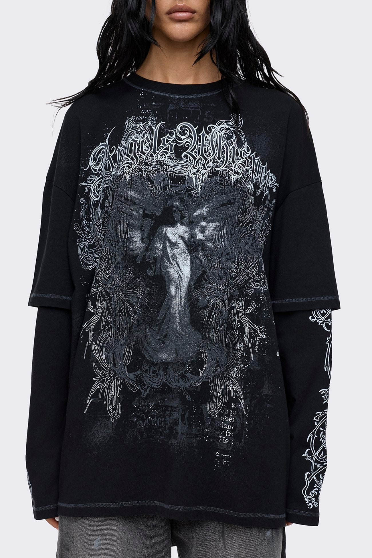 Angels Whisper Black Graphic Layered T-Shirt
