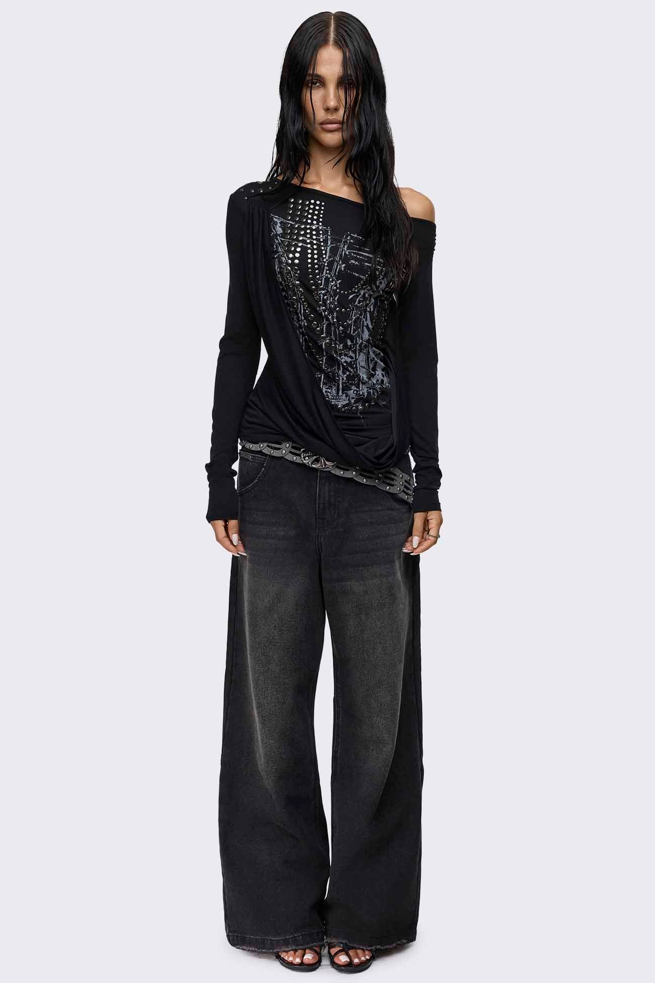 Rift Washed Black Straight Baggy Jeans