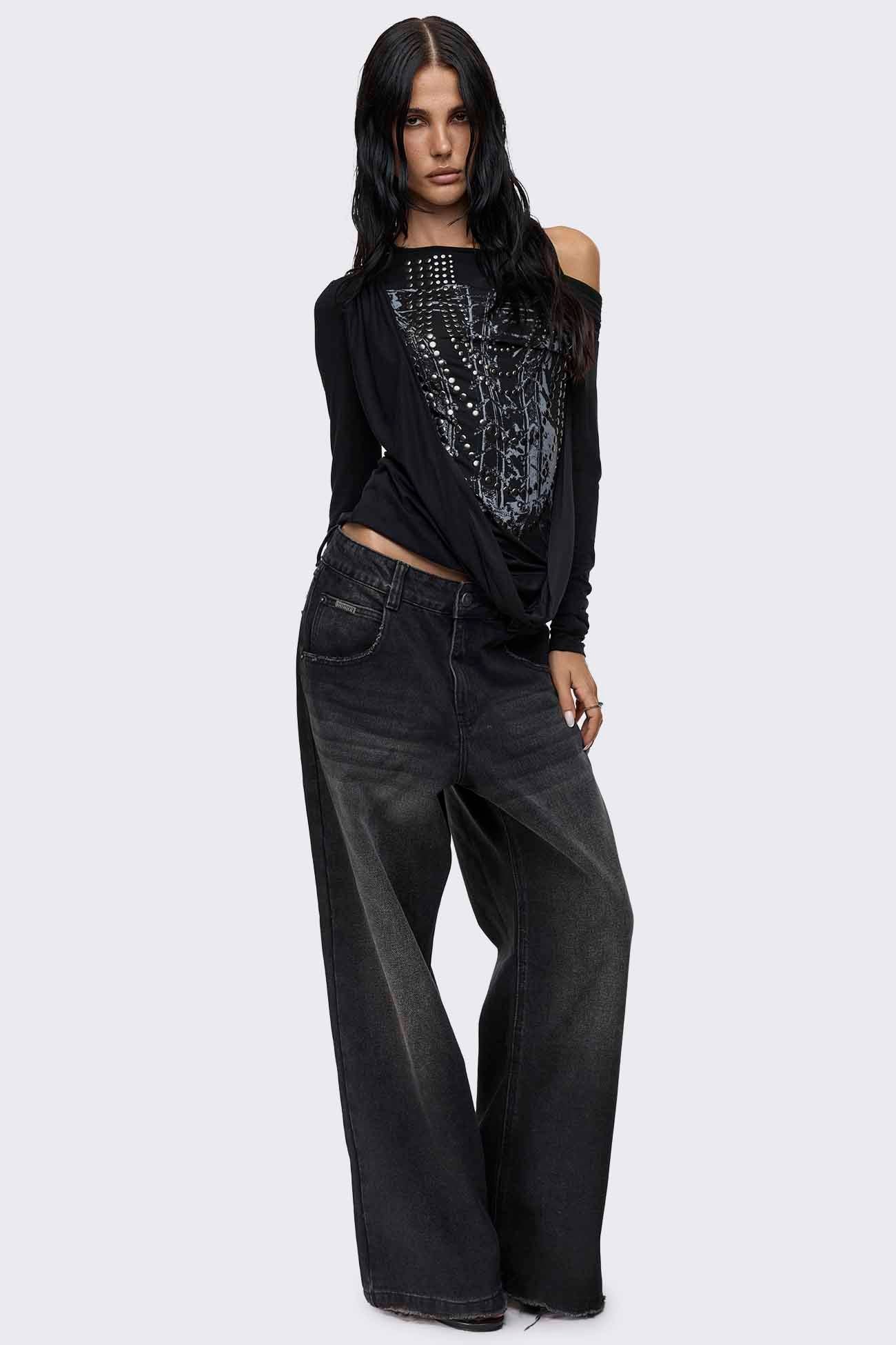 Rift Washed Black Straight Baggy Jeans