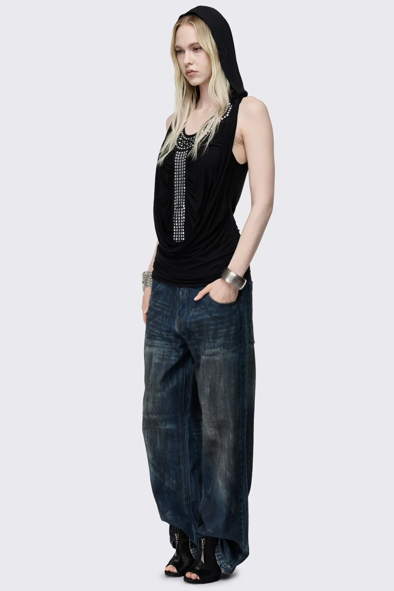 Phoenix Black Studded Cowl Hood Vest Top