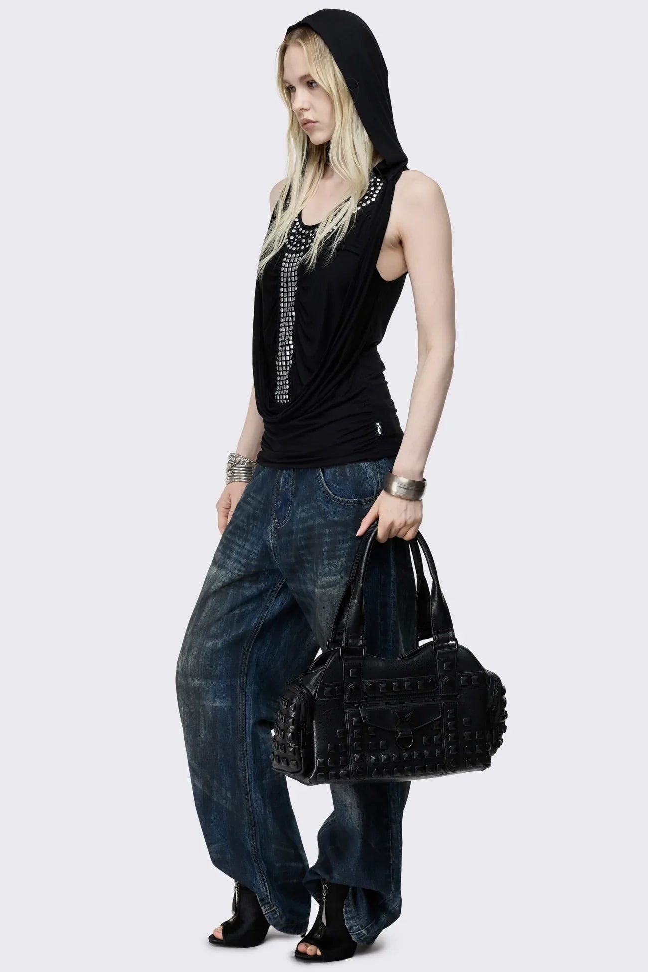 Phoenix Black Studded Cowl Hood Vest Top