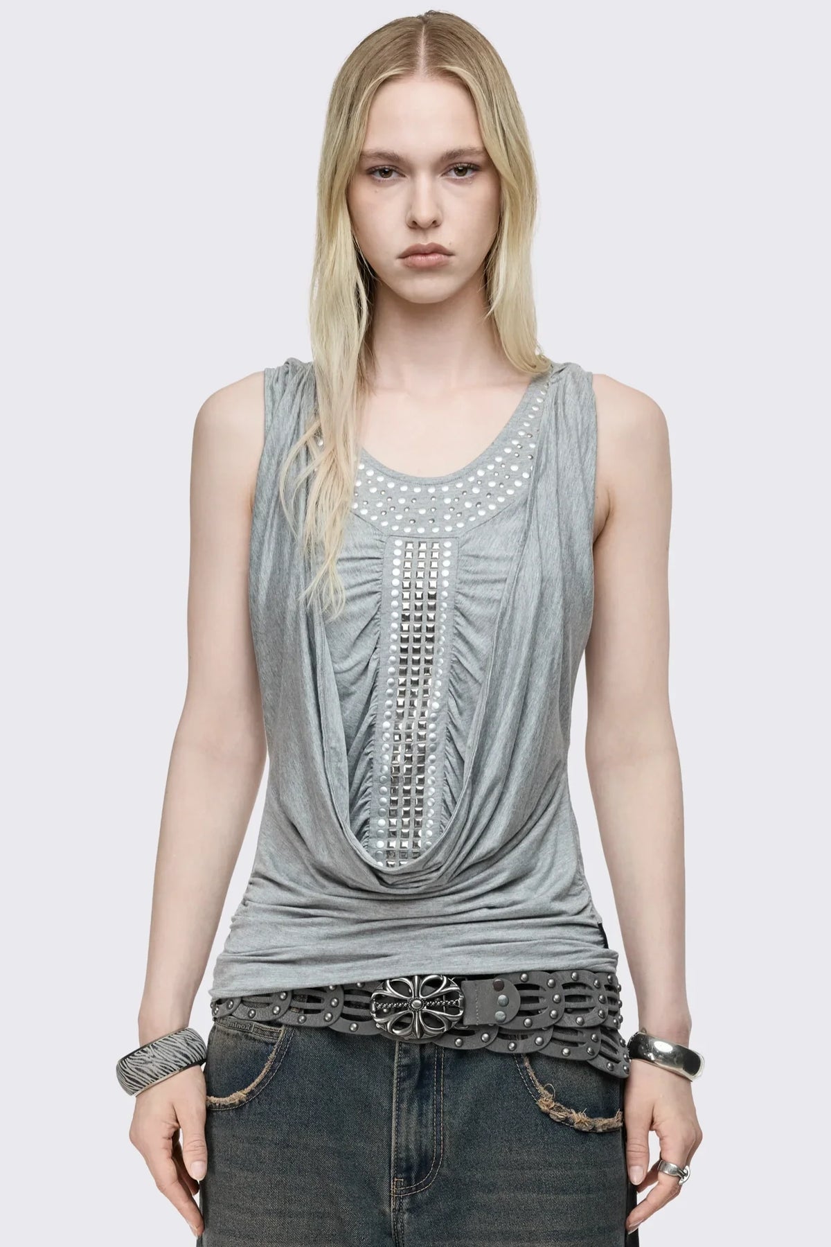 Phoenix Grey Studded Cowl Hood Vest Top