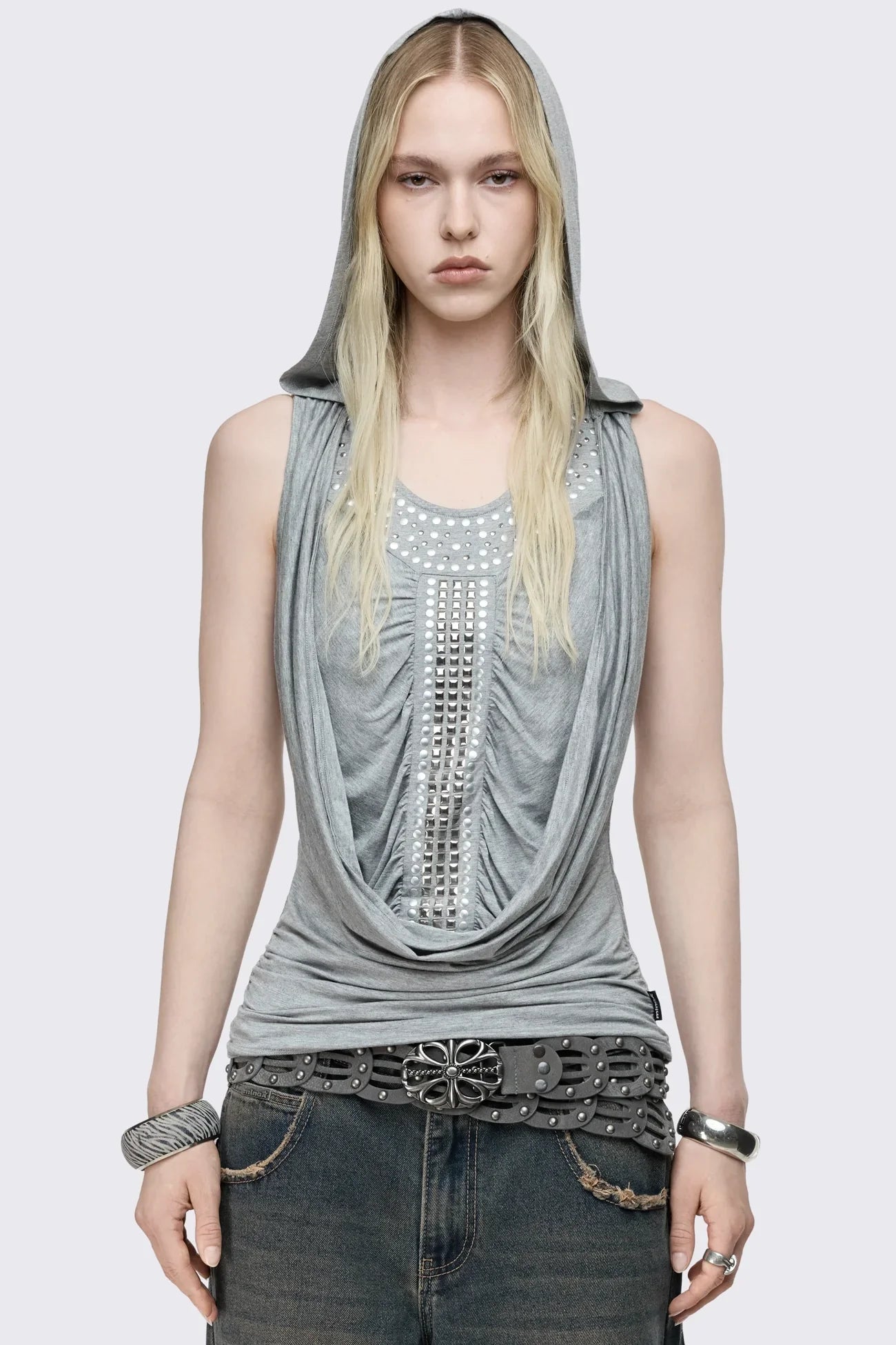 Phoenix Grey Studded Cowl Hood Vest Top