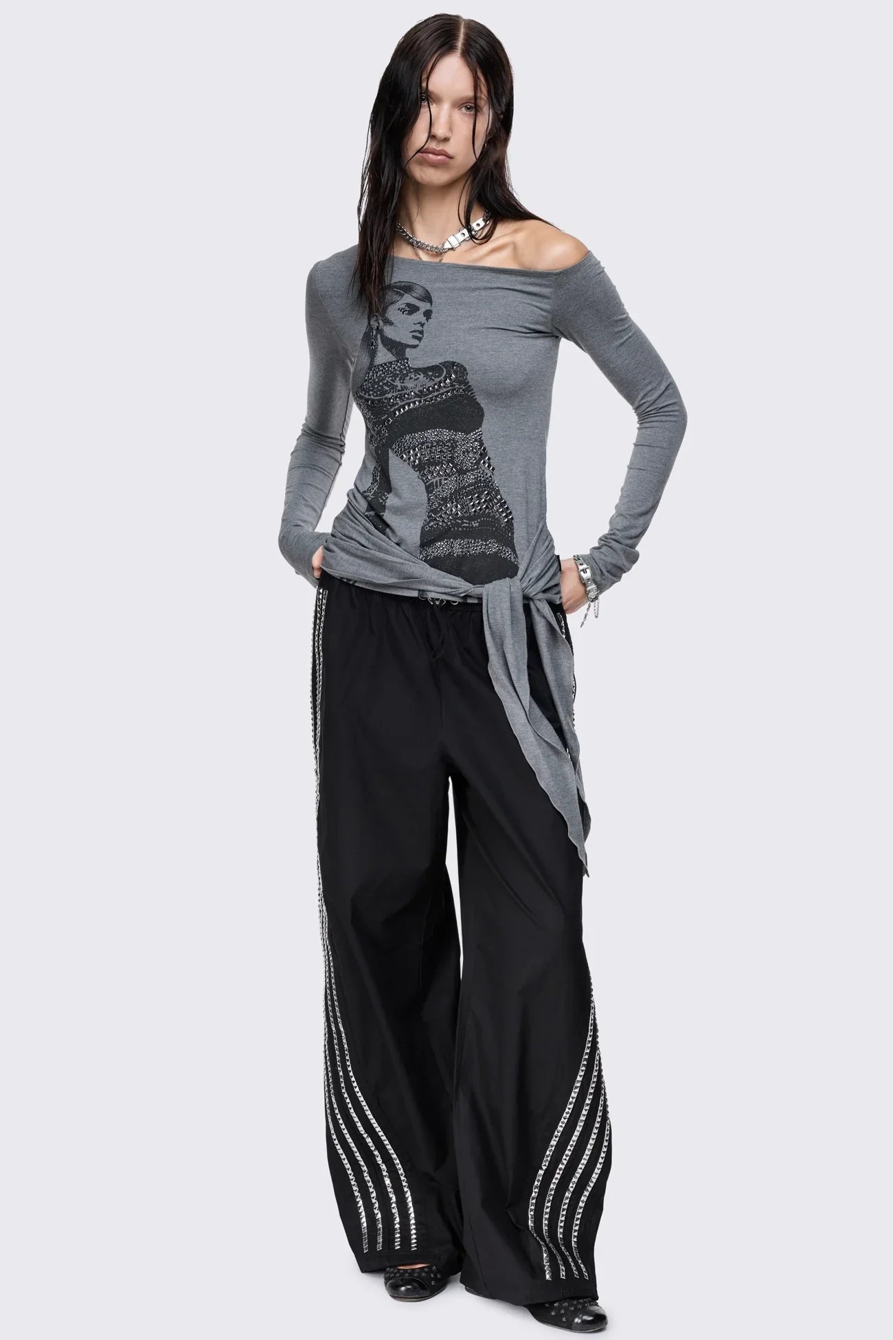 Lustre Grey Graphic Off Shoulder Top