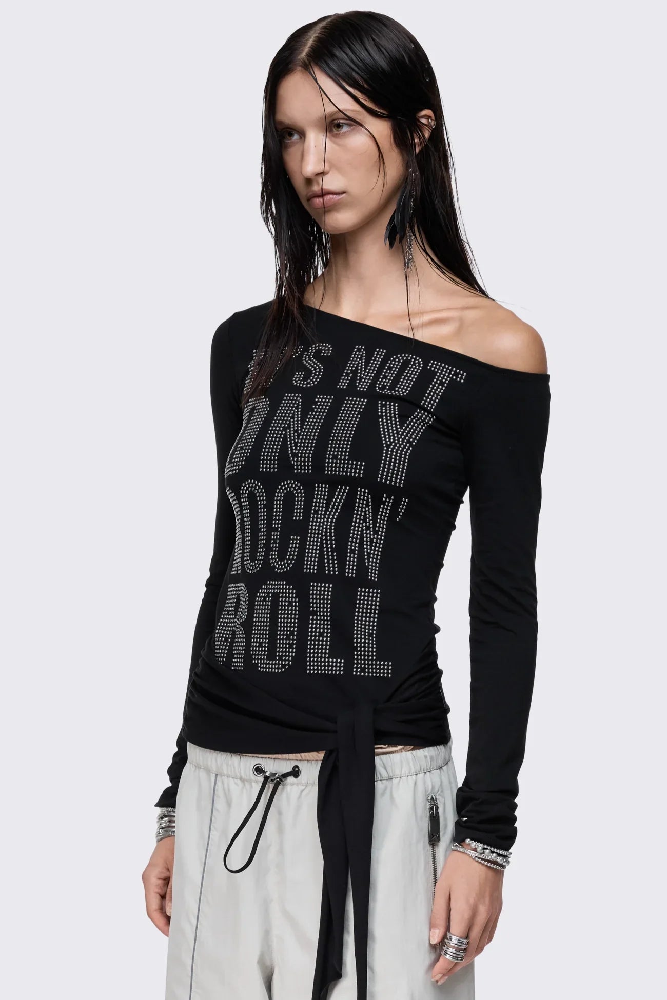 Lustre Black Graphic Off Shoulder Top