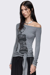 Lustre Grey Graphic Off Shoulder Top