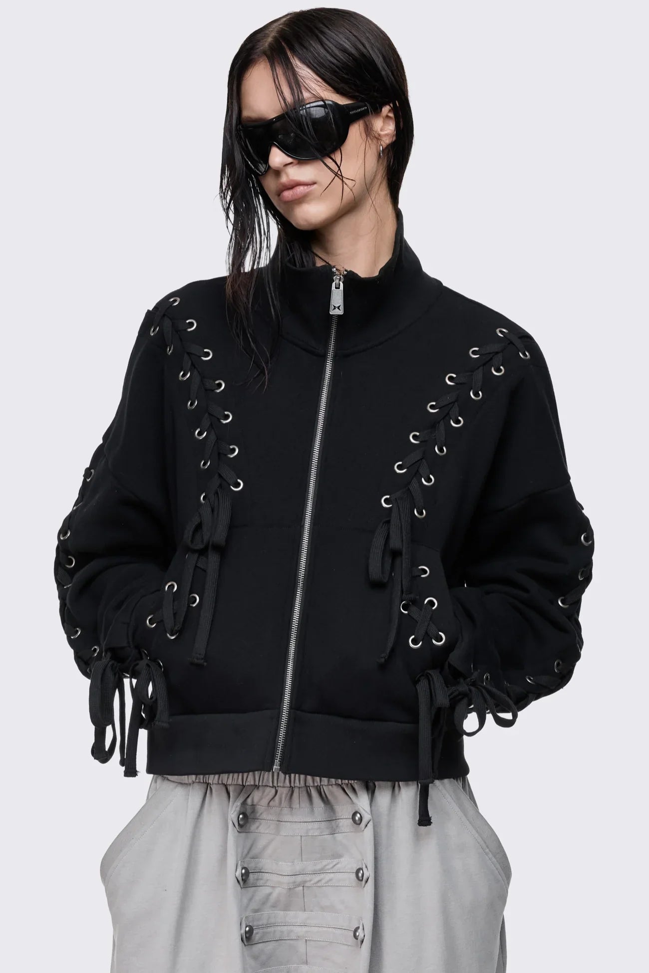 Mia Black Lace Up Funnel Zip Up Sweat