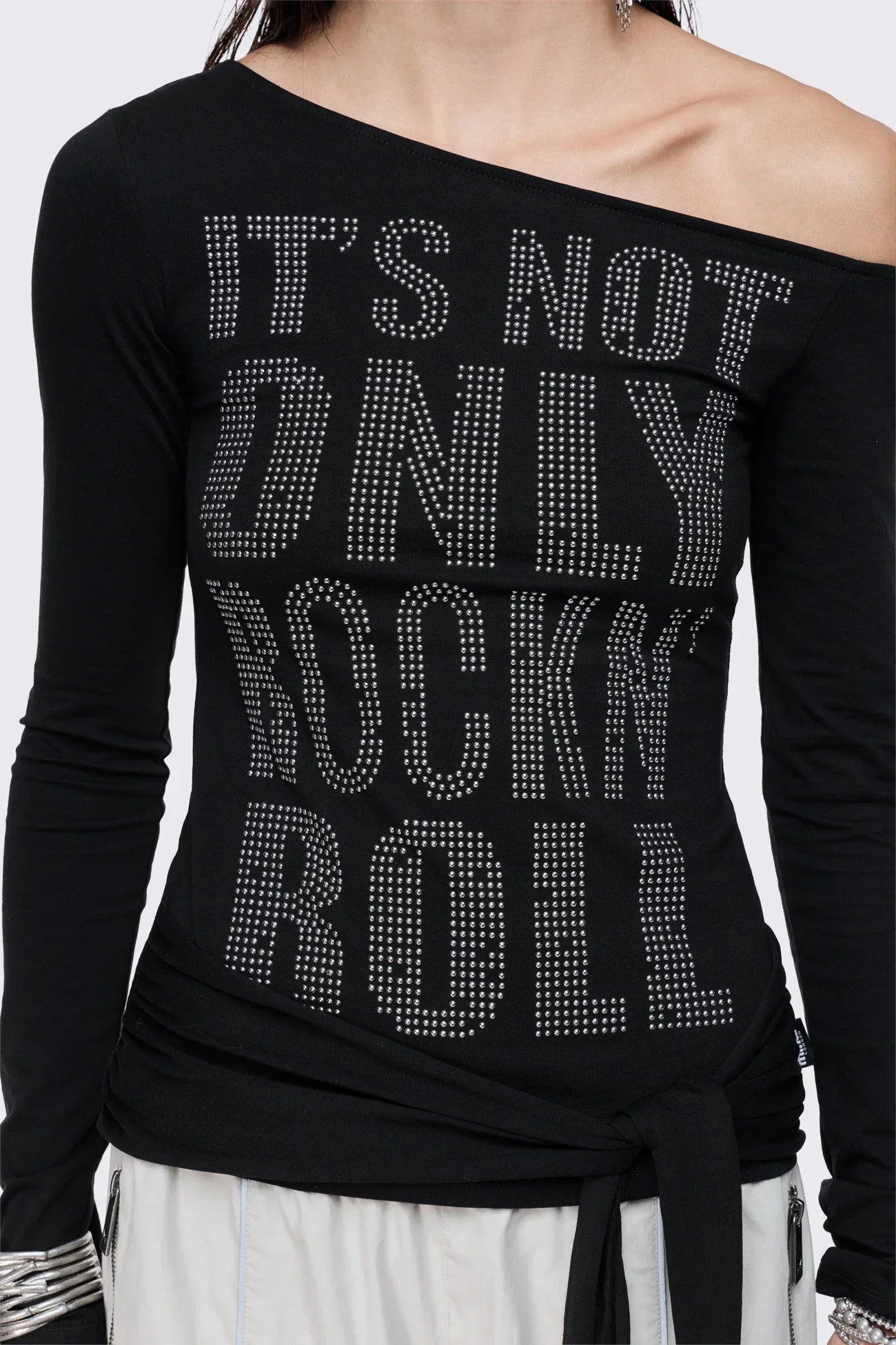 Lustre Black Graphic Off Shoulder Top