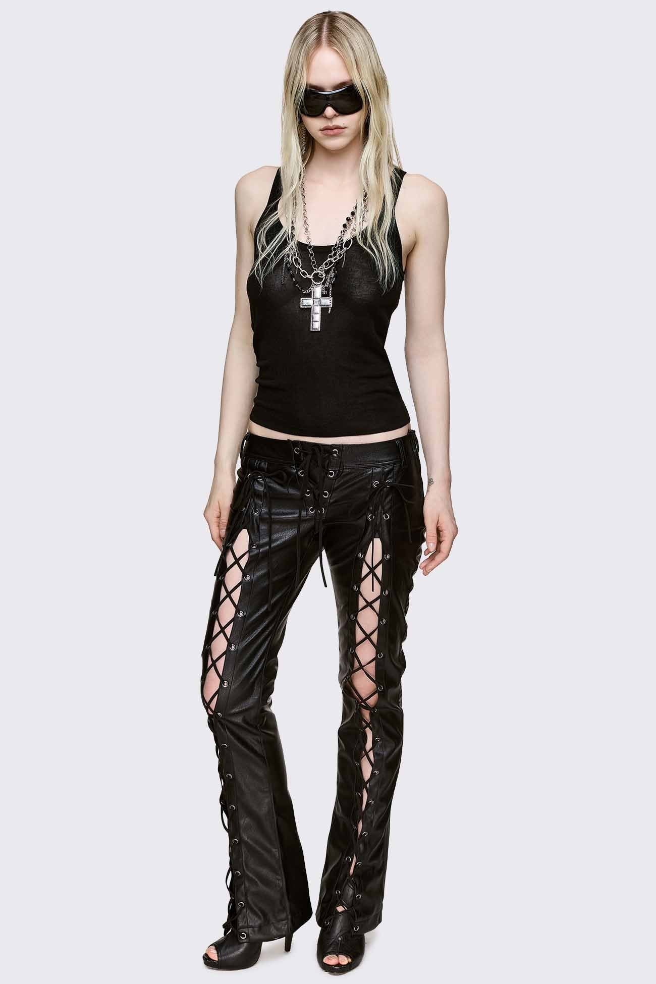 Deb Lace-Up Faux Leather Flared Pants