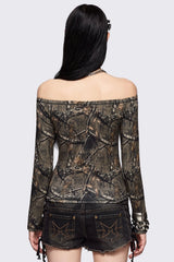 Forest Tree Camo Off-Shoulder Top
