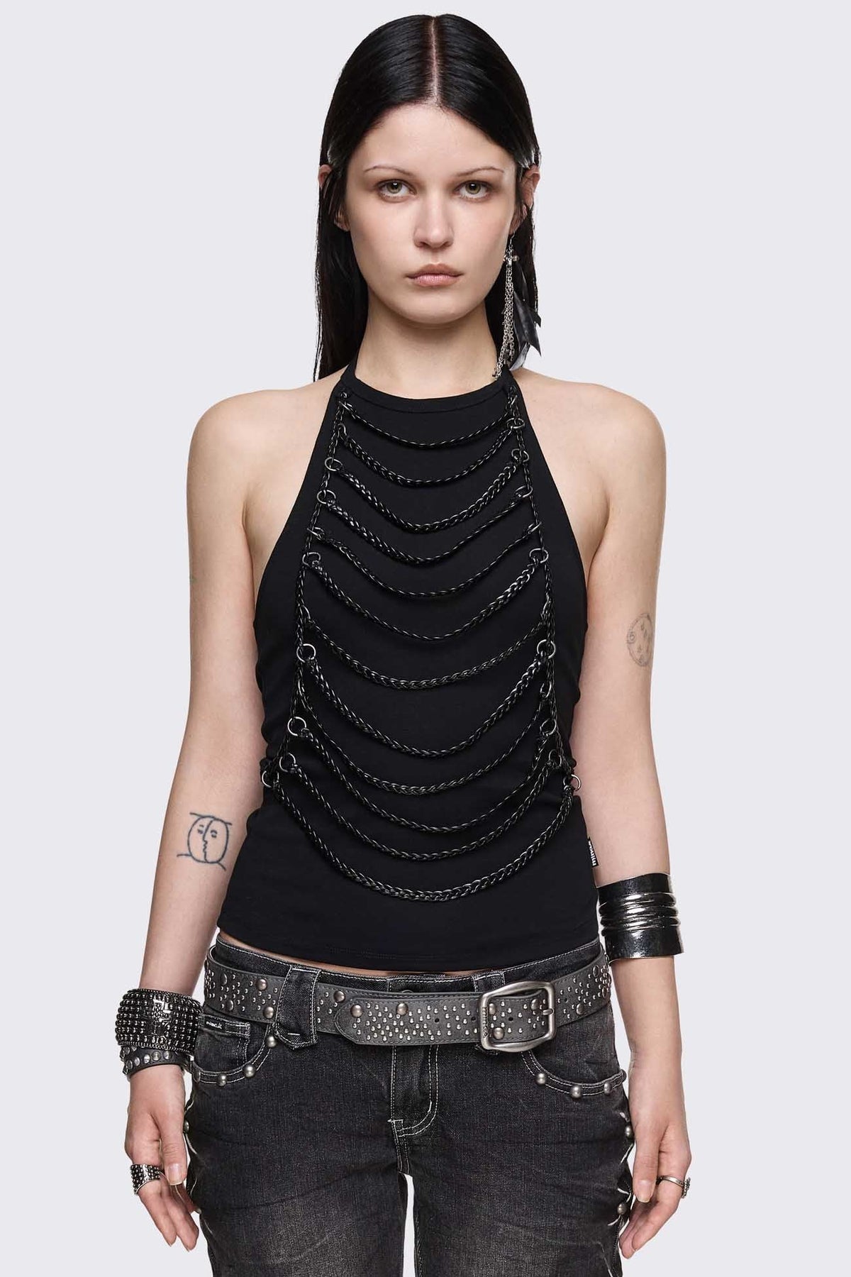 Unravel Black Layered Chain Halter Top