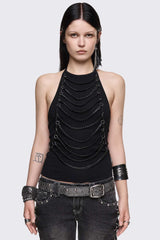 Unravel Black Layered Chain Halter Top