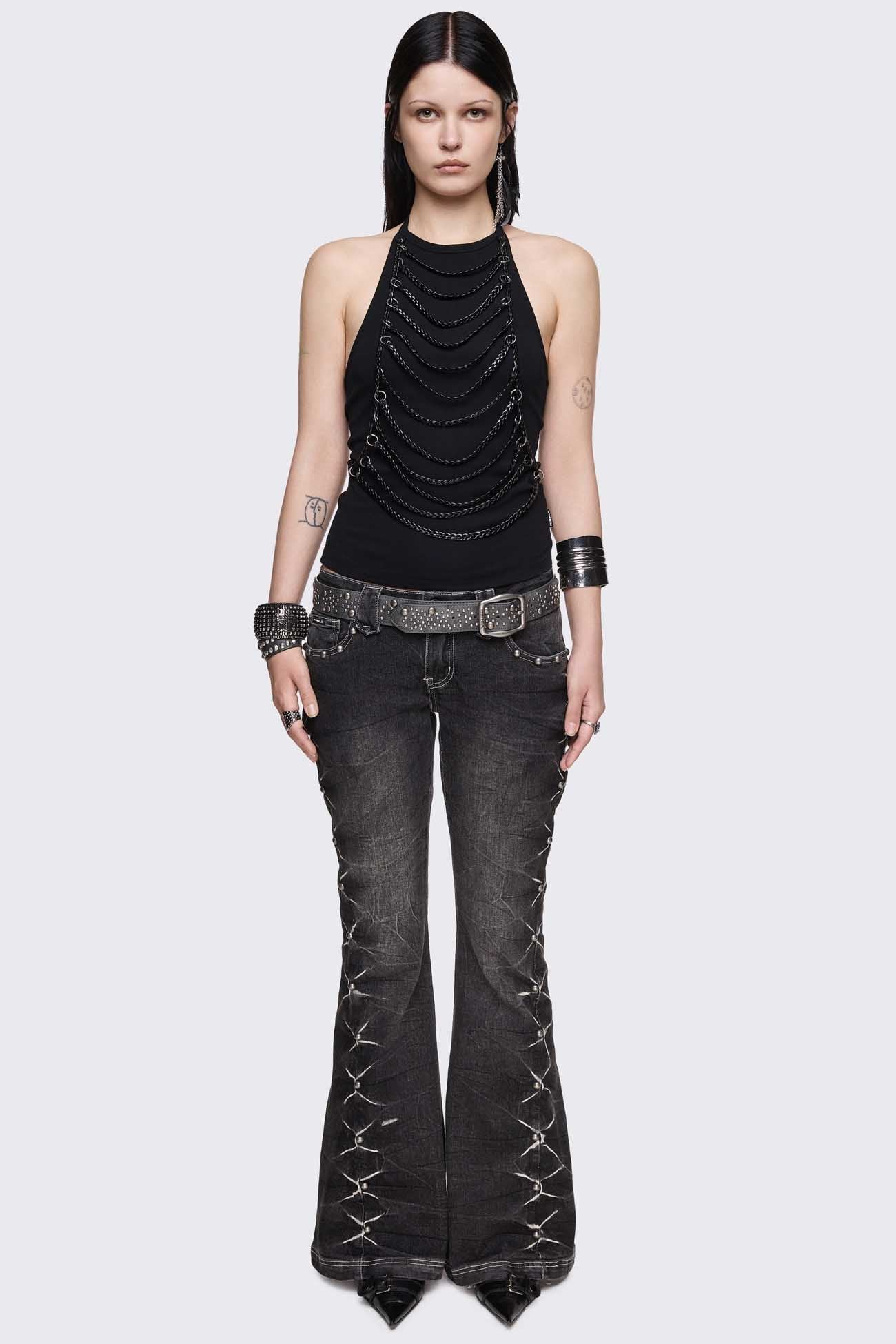 Unravel Black Layered Chain Halter Top