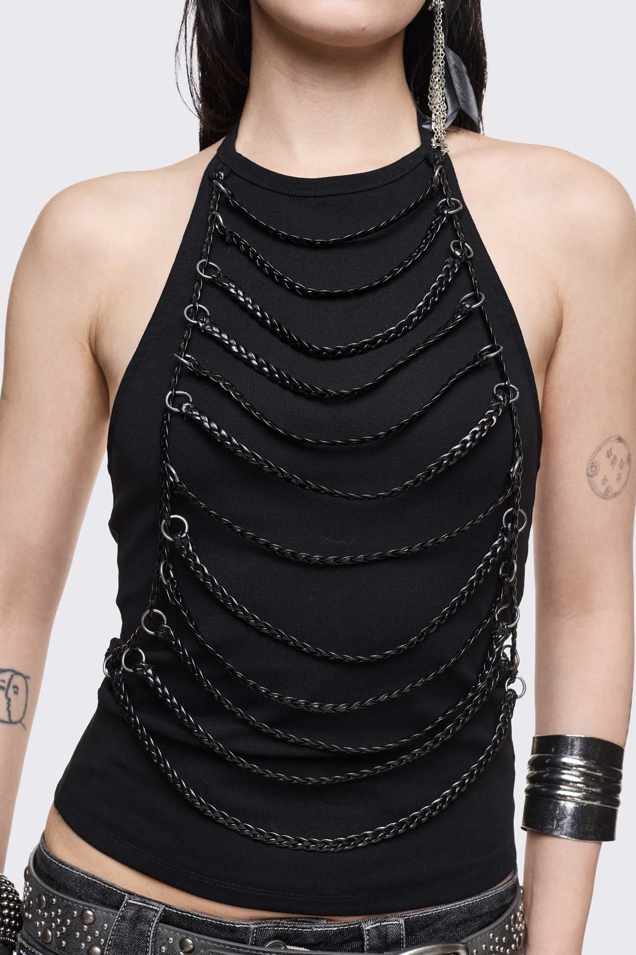 Unravel Black Layered Chain Halter Top