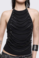 Unravel Black Layered Chain Halter Top