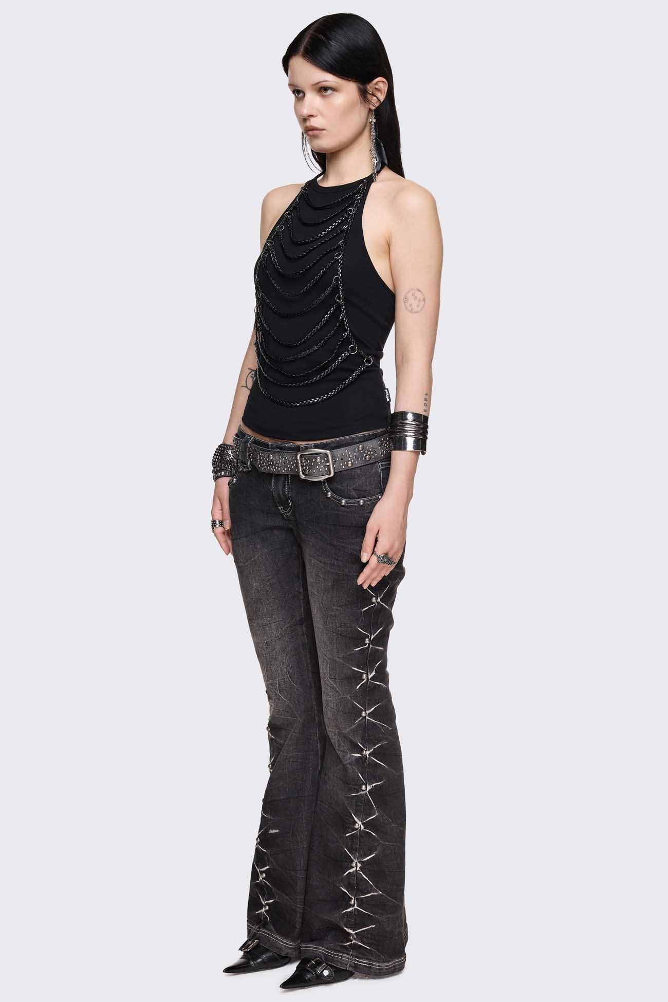 Unravel Black Layered Chain Halter Top