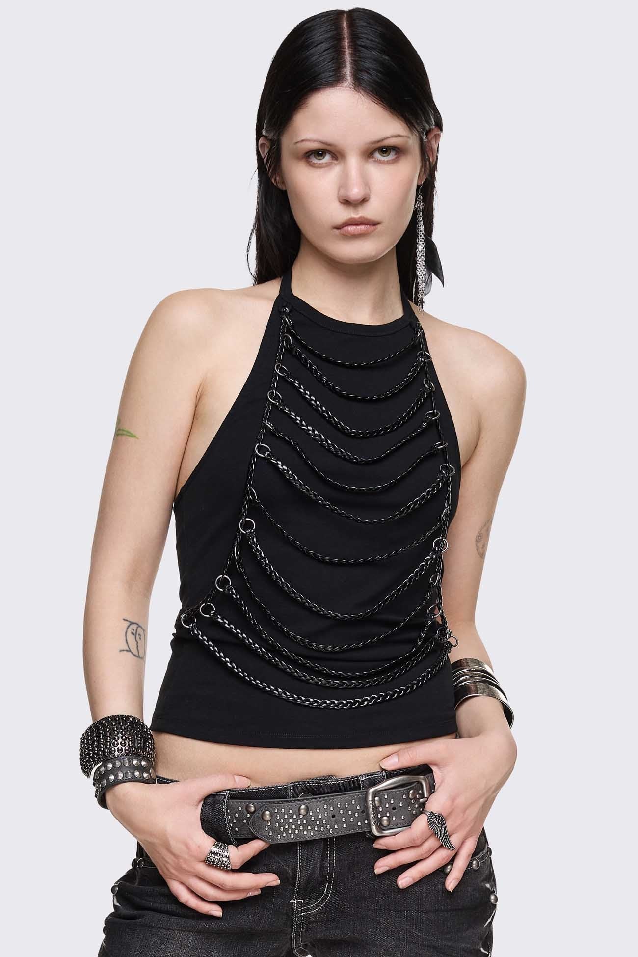 Unravel Black Layered Chain Halter Top