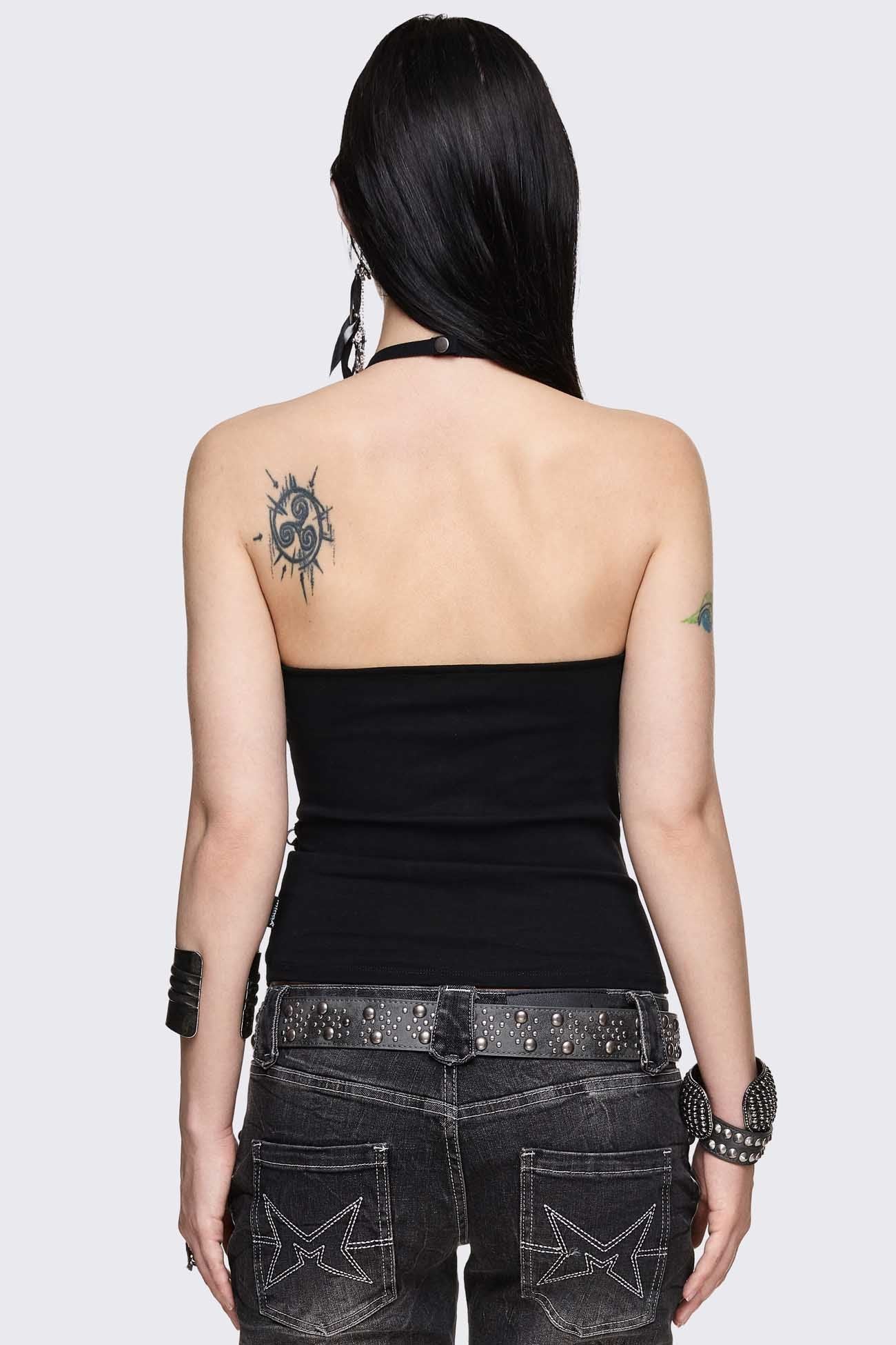 Unravel Black Layered Chain Halter Top